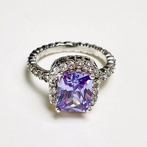 Sparkling Amethyst‎ Sterling Silver 925 Ring Size 8 Halo